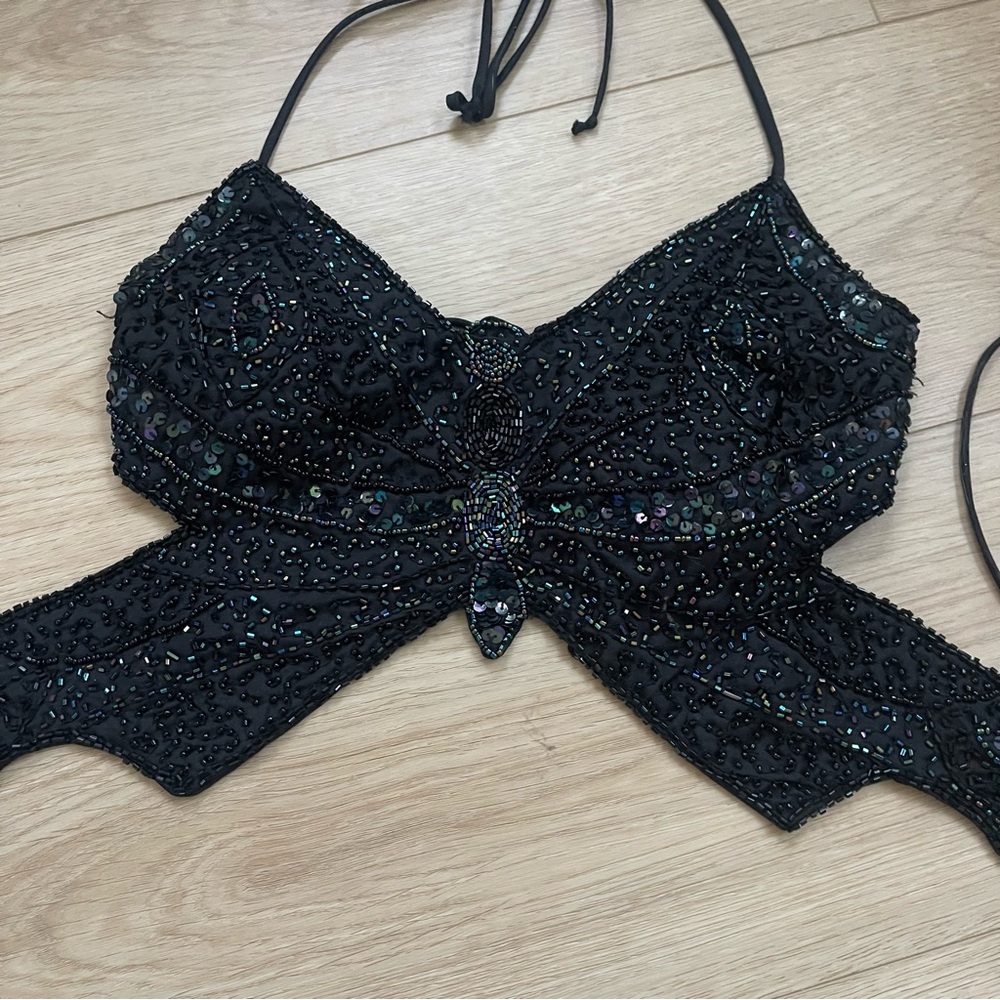 Wet Seal Black Beaded Butterfly Halter Top